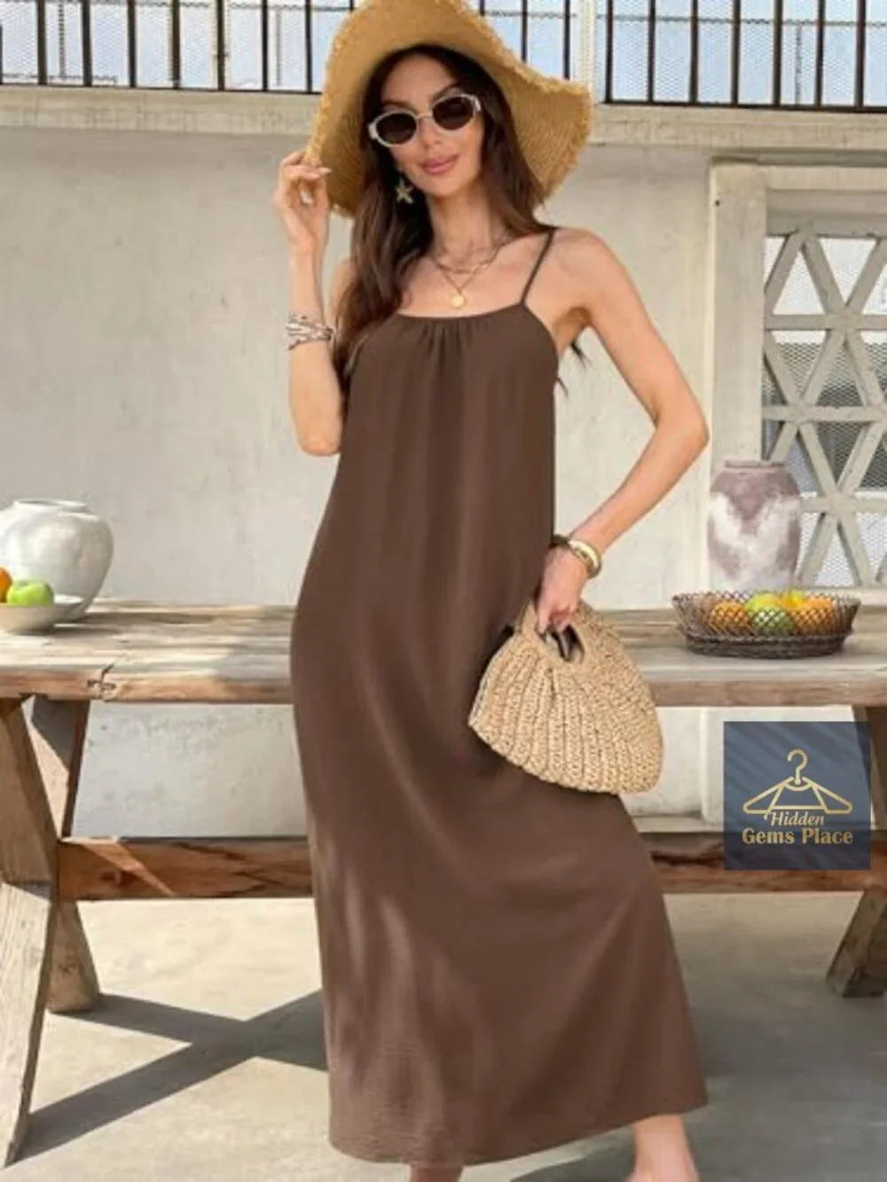 Backless Cami Maxi Sundress - Casual Lounge Dress with Drawstring
